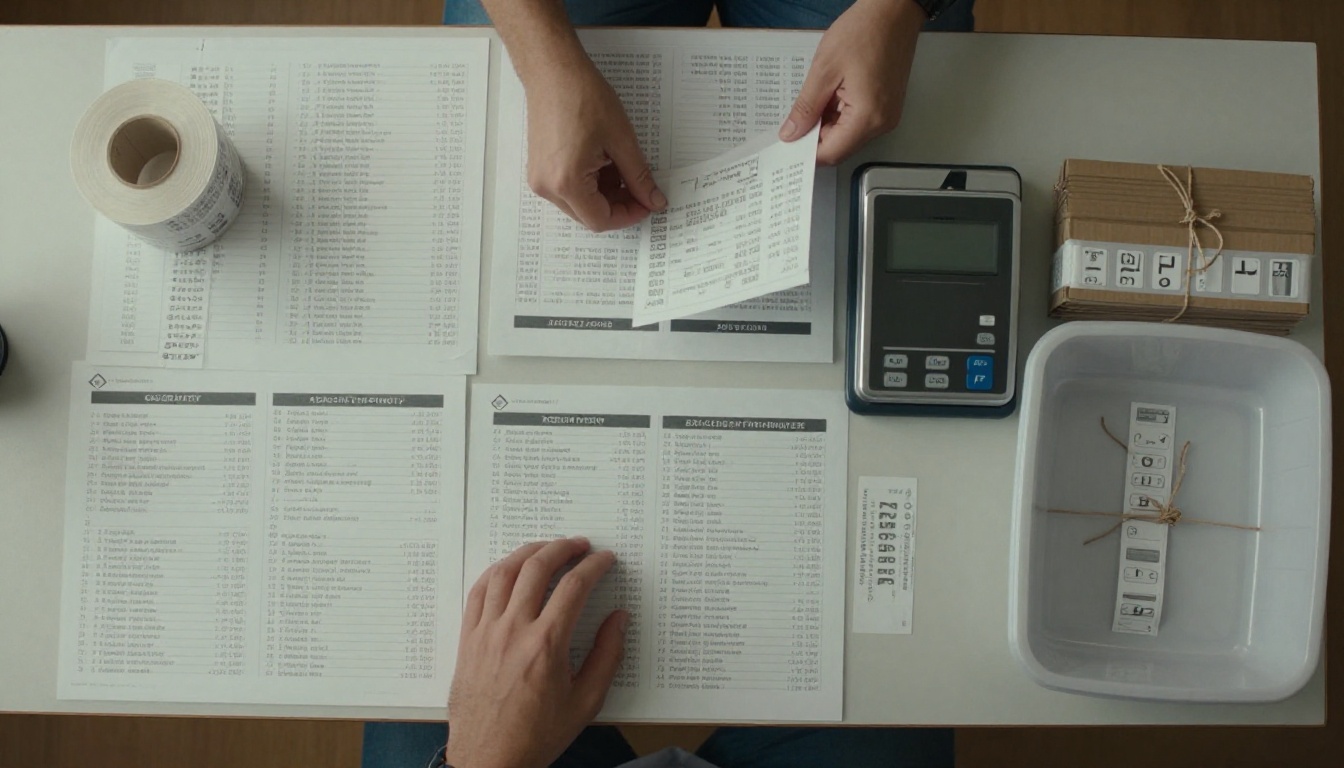 Mailing room table with addressed catalogs, labels, and a postal scale