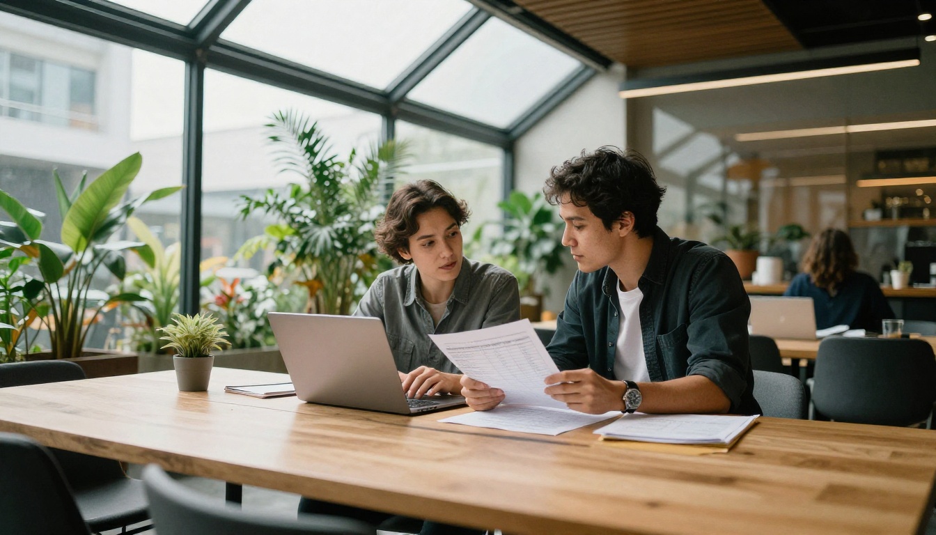 Two colleagues comparing plans on a laptop and a printed price sheet