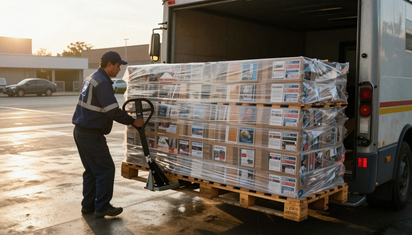 Postal loading dock with pallets of shrink-wrapped catalog bundles