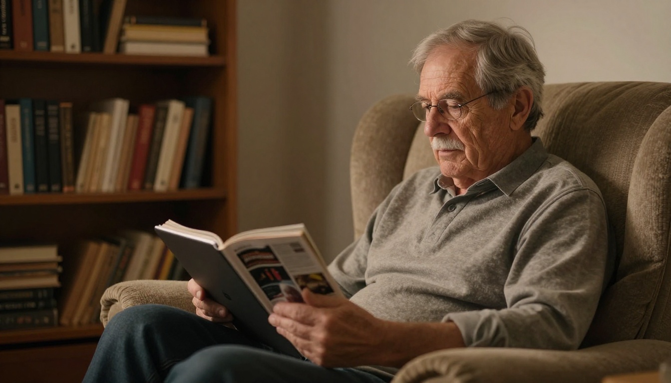 An older man reading a magazine on a tablet in a cozy armchair