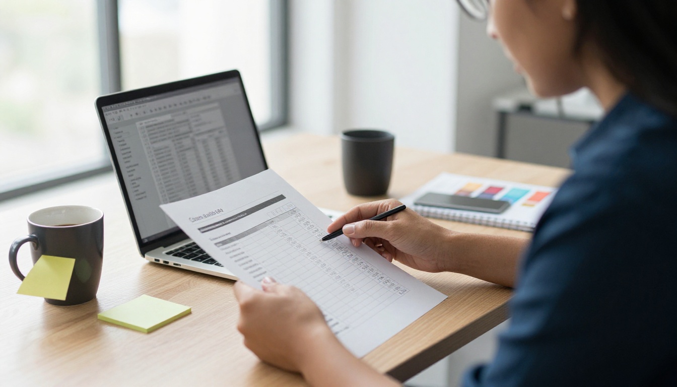 Marketing manager reviewing a printed cost quote beside a laptop