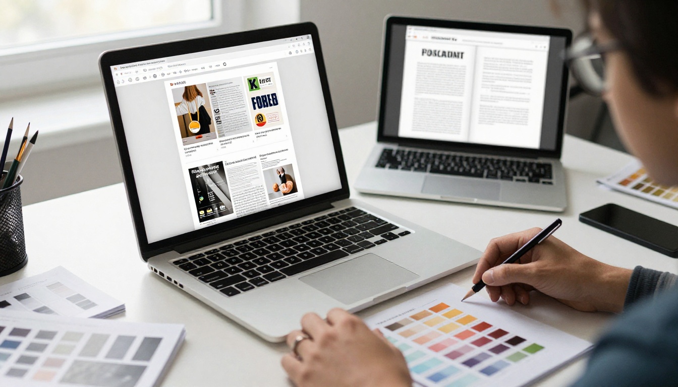 A freelance designer uploading a PDF magazine on a desktop monitor