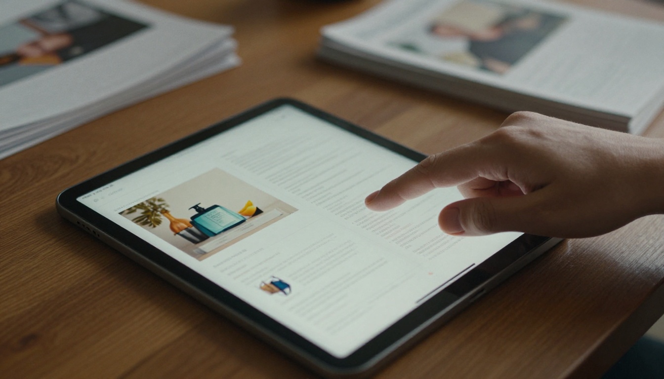 Tablet showing a digital page-turning catalog beside a printed stack