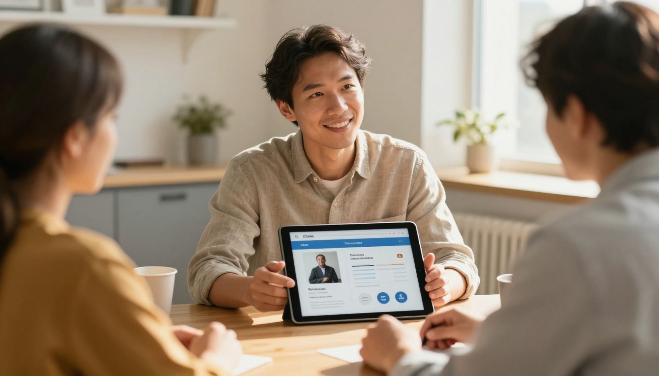 A small business owner presenting a digital brochure on a tablet to a client