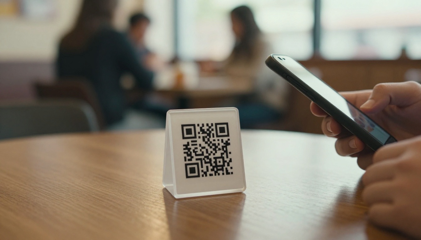 Low-angle view of a guest holding a smartphone to scan a QR code stand on a restaurant table Low-angle view of a guest holding a smartphone to scan a QR code stand on a restaurant table