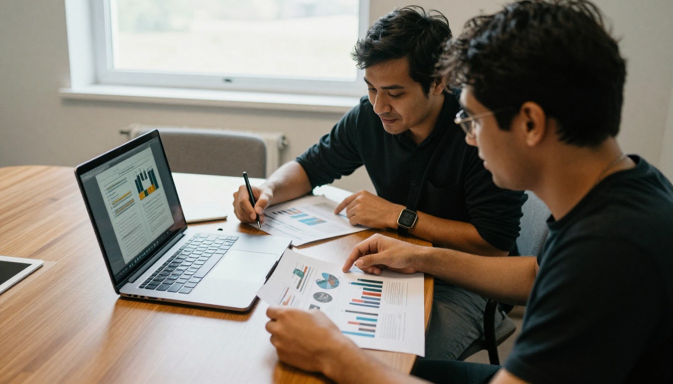 Two colleagues comparing a printed catalog and an online flipbook