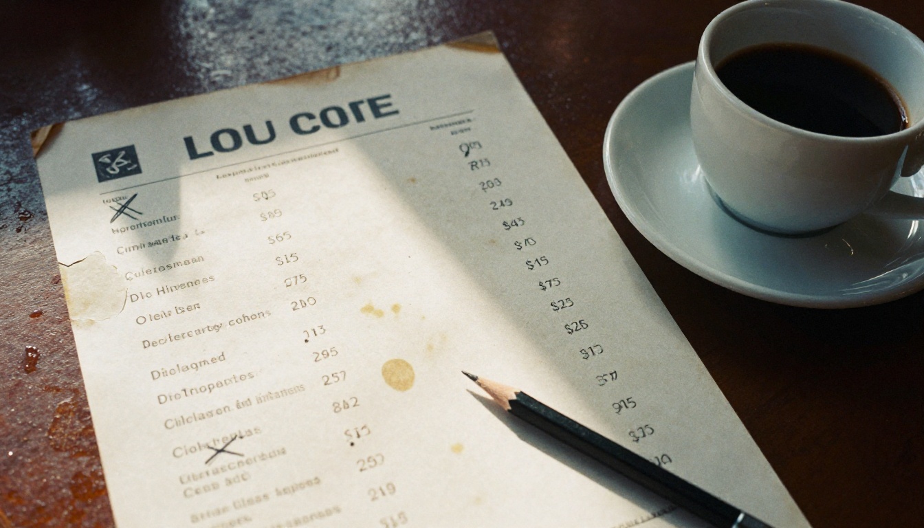 Top-down view of a stained and torn paper menu with crossed-out handwritten prices Top-down view of a stained and torn paper menu with crossed-out handwritten prices