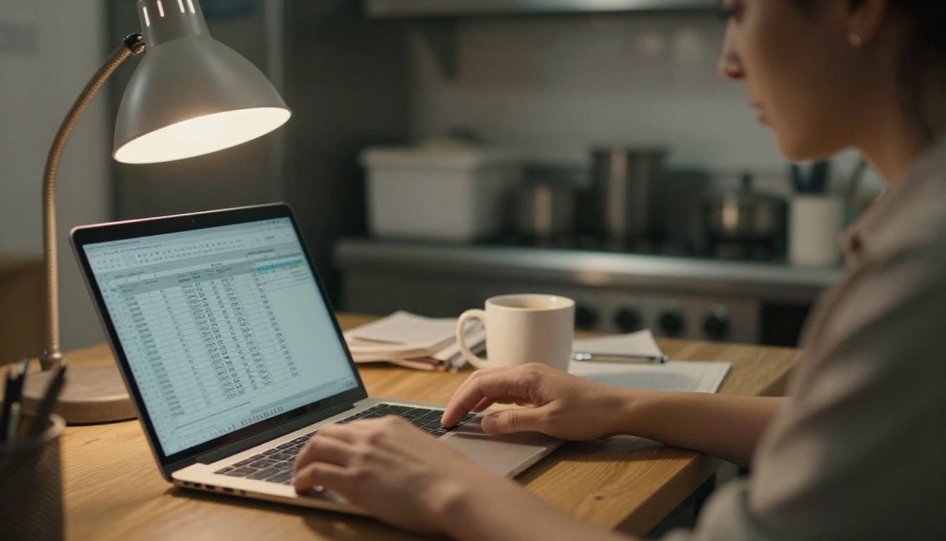 Restaurant owner reviewing monthly expenses on a laptop in a back office Restaurant owner reviewing monthly expenses on a laptop in a back office