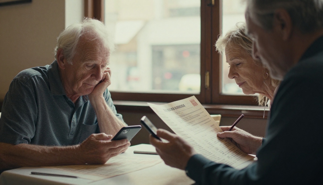 Elderly couple at a restaurant table squinting at a phone while a server offers a printed menu Elderly couple at a restaurant table squinting at a phone while a server offers a printed menu