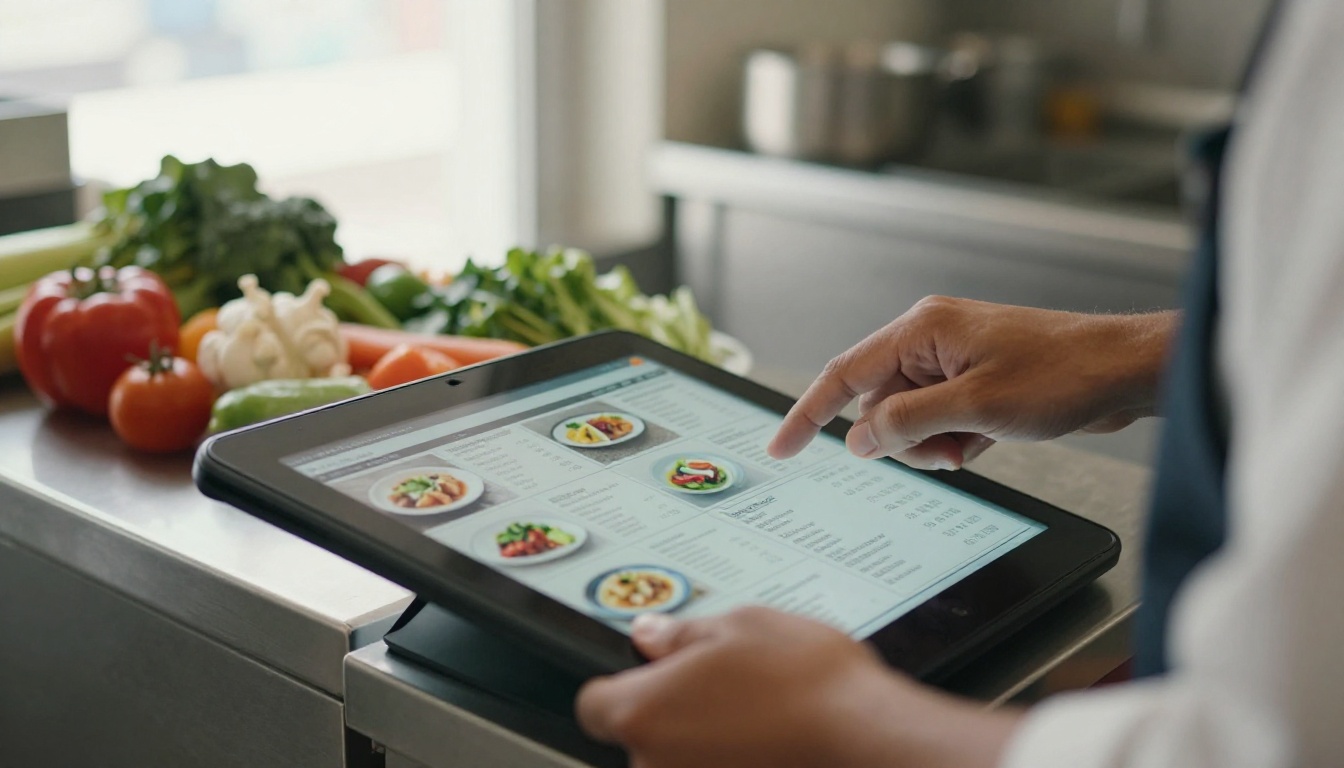 Manager's hands updating menu prices on a tablet in a sunlit kitchen Manager's hands updating menu prices on a tablet in a sunlit kitchen
