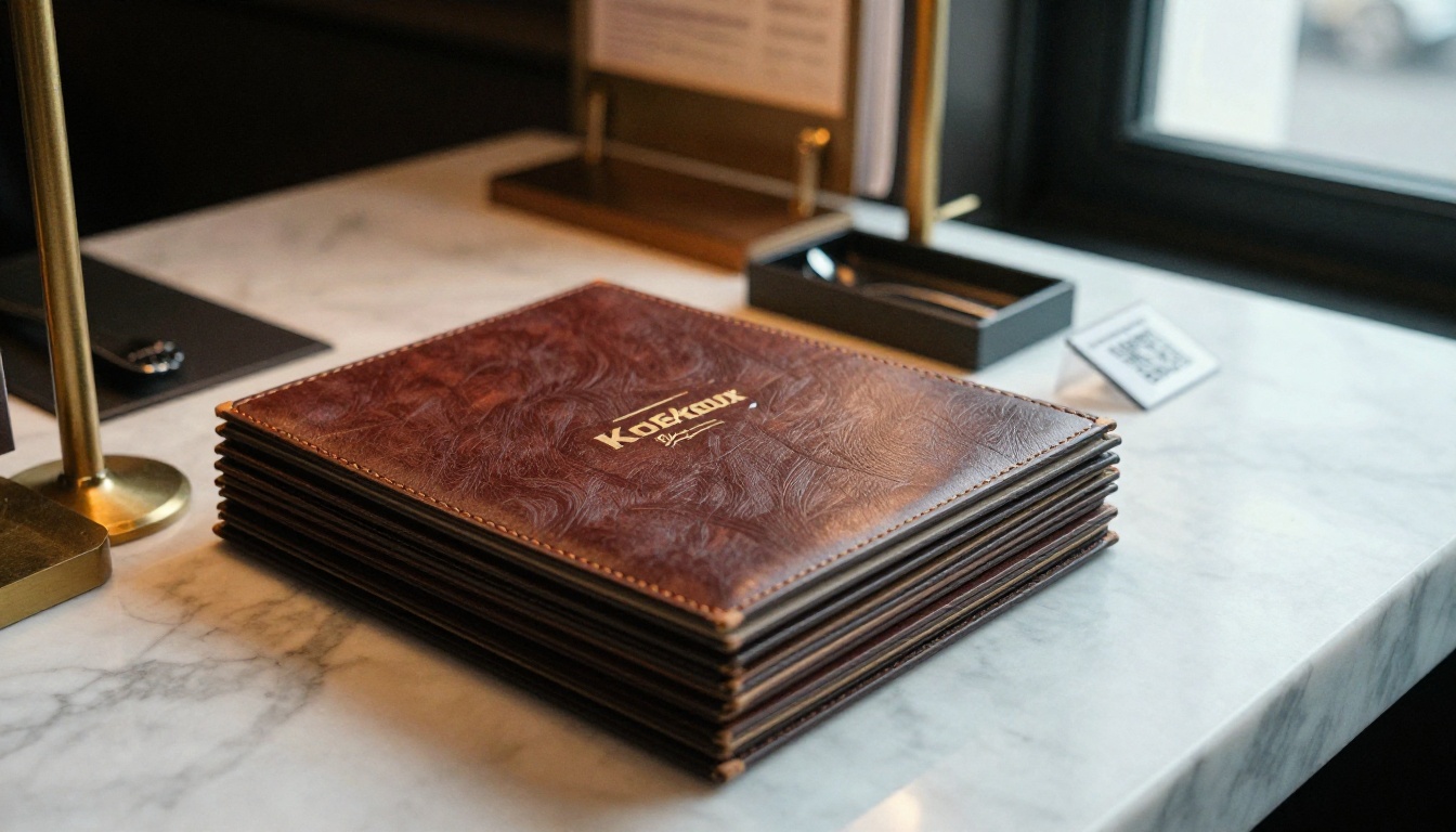 Hotel restaurant host stand with leather menus and a small QR code card Hotel restaurant host stand with leather menus and a small QR code card