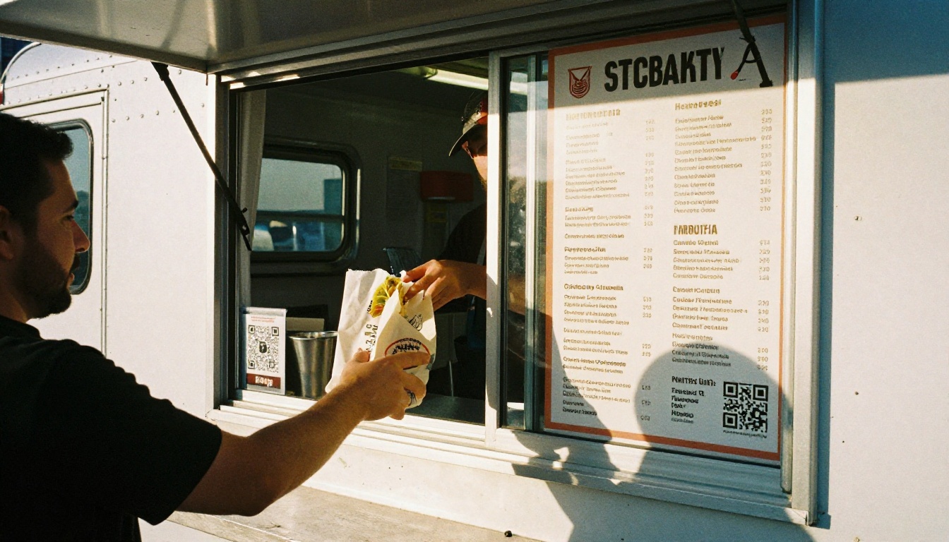 Food truck counter with a laminated menu board and a QR code sticker on the service window Food truck counter with a laminated menu board and a QR code sticker on the service window