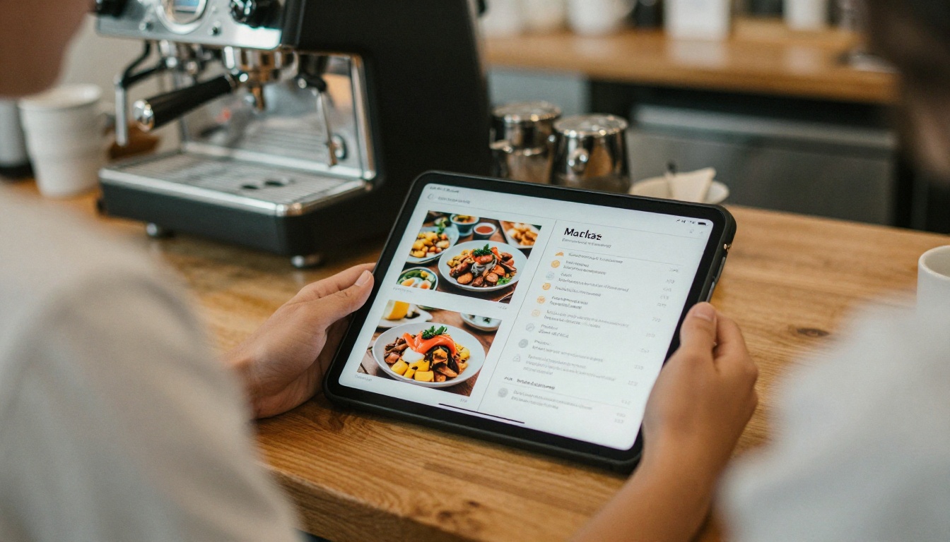 Cafe owner holding a tablet displaying a page-turning flipbook style menu with food photos Cafe owner holding a tablet displaying a page-turning flipbook style menu with food photos