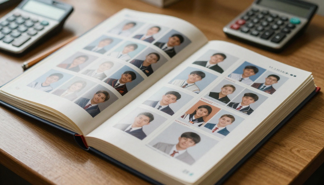 Open hardback yearbook on a desk with a calculator Open hardback yearbook on a desk with a calculator