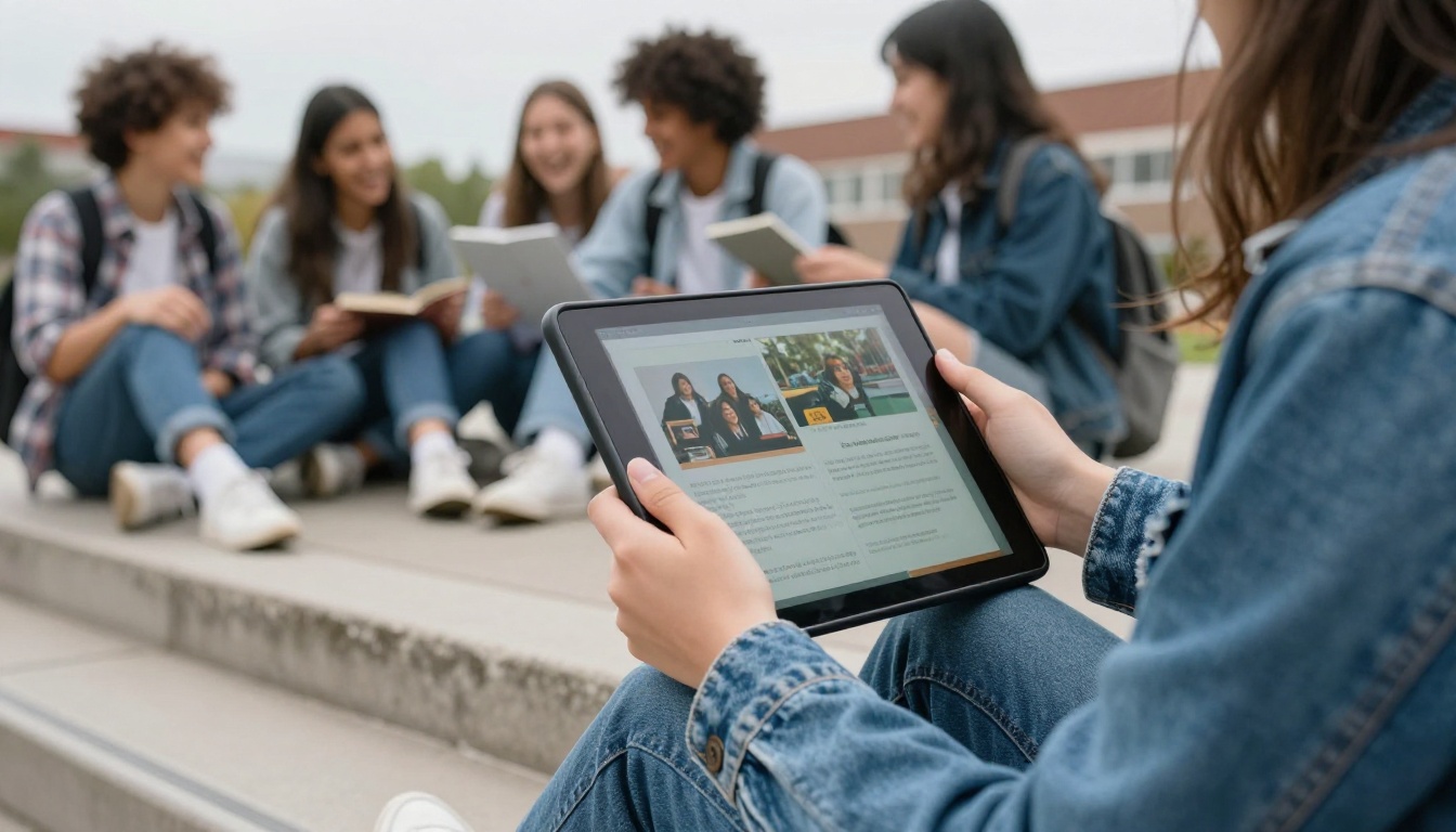 Student holding a tablet showing a digital yearbook on school steps Student holding a tablet showing a digital yearbook on school steps