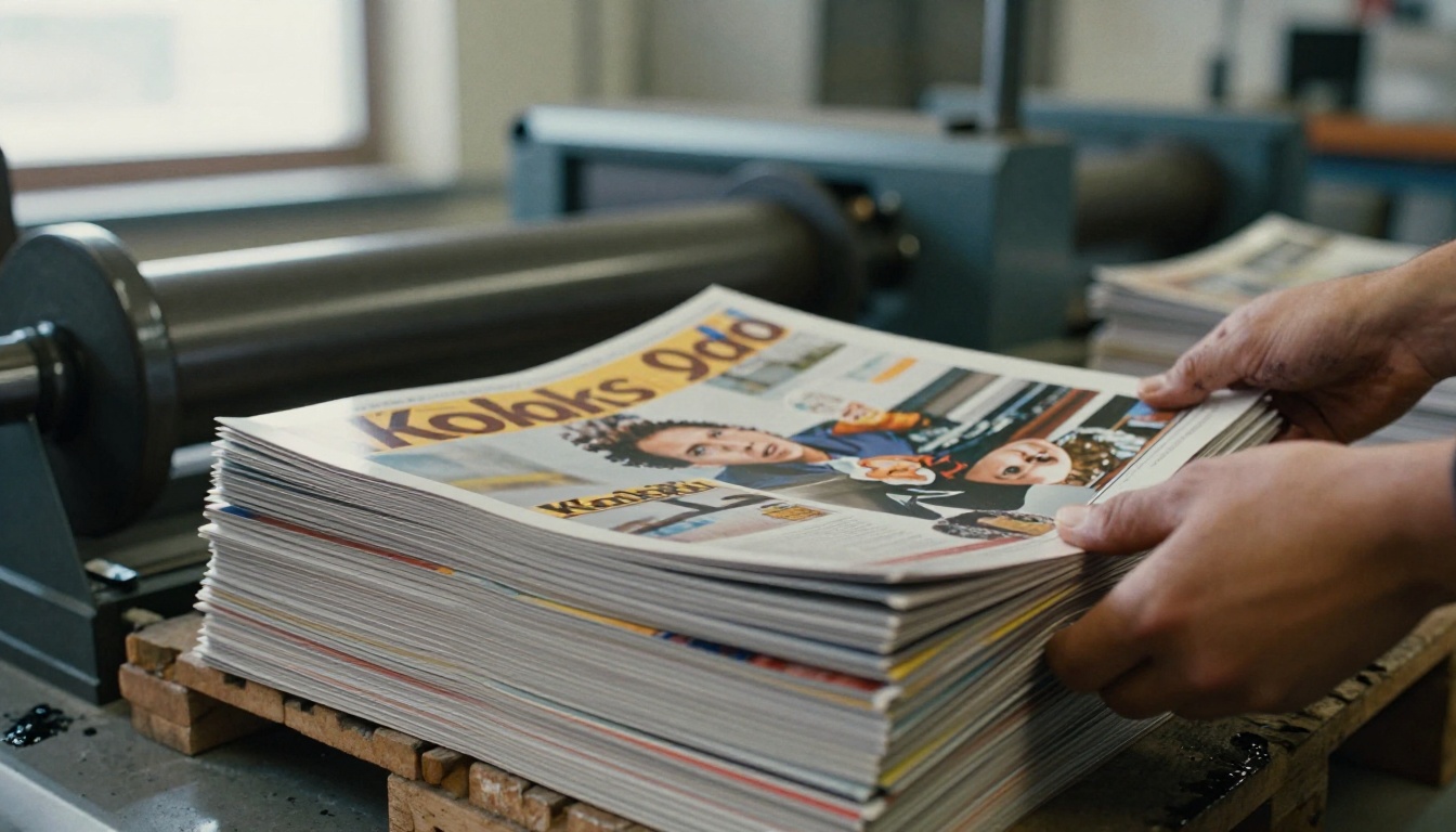 Publisher comparing a printed magazine page against a tablet at a studio desk Publisher comparing a printed magazine page against a tablet at a studio desk