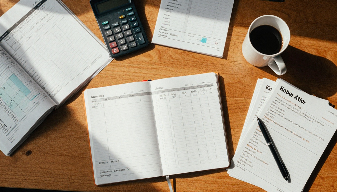 Aerial view of a school office desk with invoices, calculator and notebook budgets Aerial view of a school office desk with invoices, calculator and notebook budgets