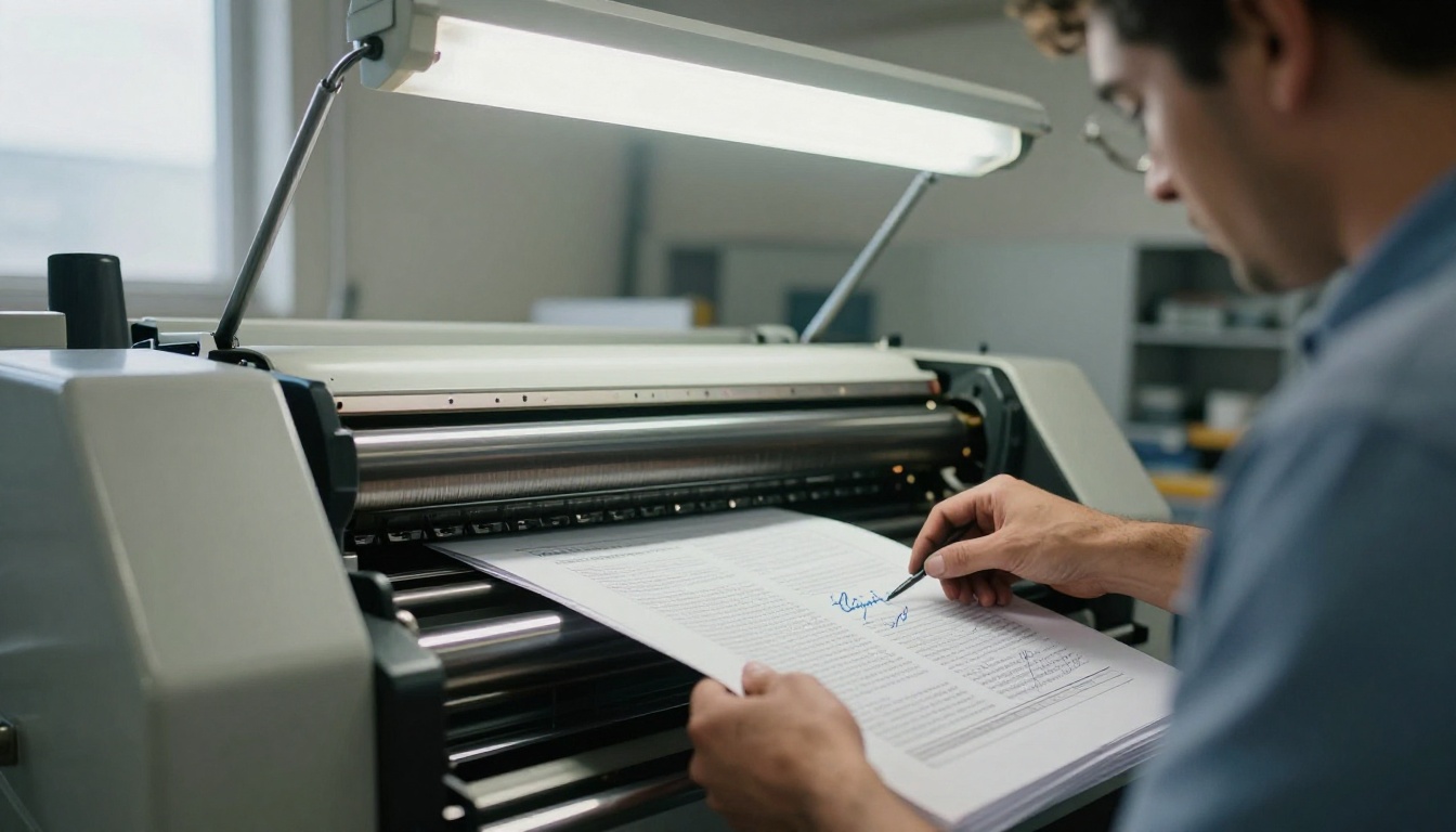 Printing press worker inspecting freshly printed yearbook pages Printing press worker inspecting freshly printed yearbook pages