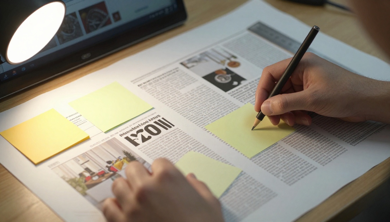 Designer arranging printed page proofs on a light table Designer arranging printed page proofs on a light table
