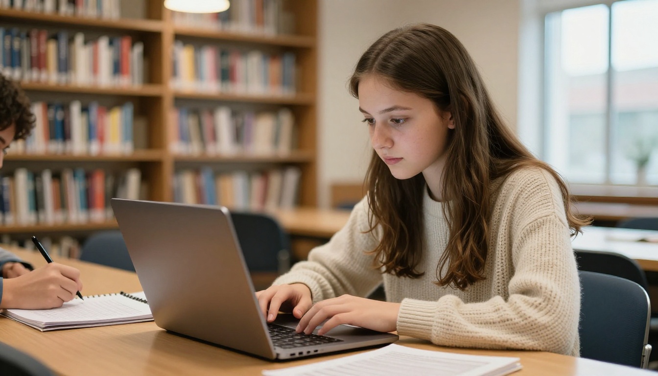 Library table with a student reading a digital yearbook next to friends signing a paper copy Library table with a student reading a digital yearbook next to friends signing a paper copy