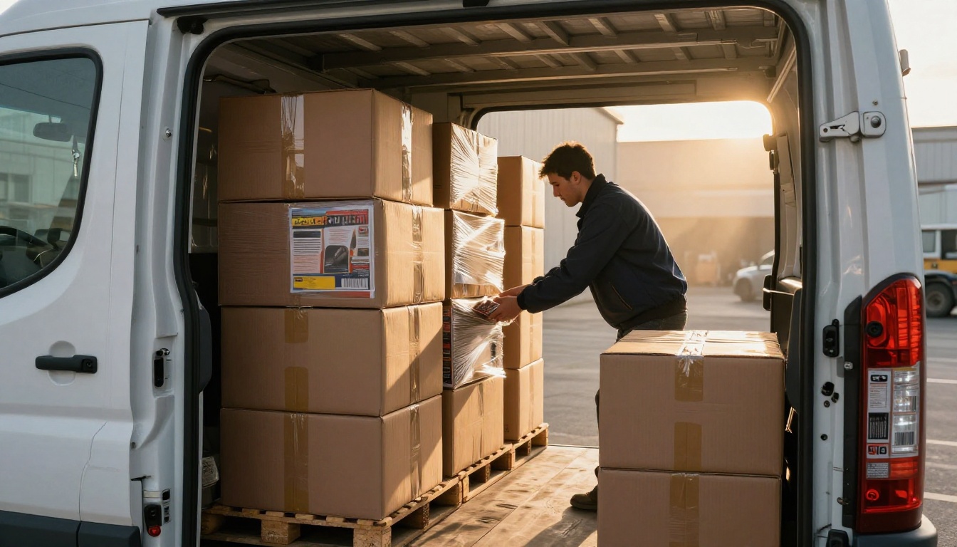 Delivery van loading boxes of magazines at a warehouse dock Delivery van loading boxes of magazines at a warehouse dock