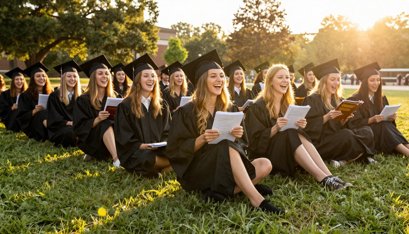 Group of graduating seniors holding up yearbooks on a lawn at golden hour Group of graduating seniors holding up yearbooks on a lawn at golden hour
