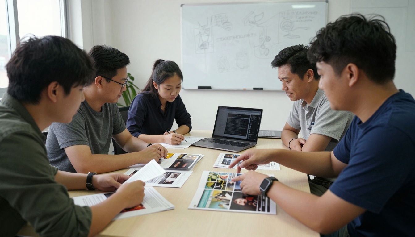 Editorial team reviewing magazine mockups around a table Editorial team reviewing magazine mockups around a table