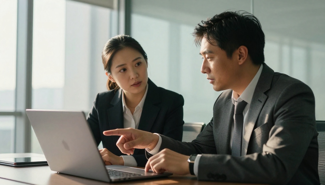 Two partners reviewing analytics together in a conference room