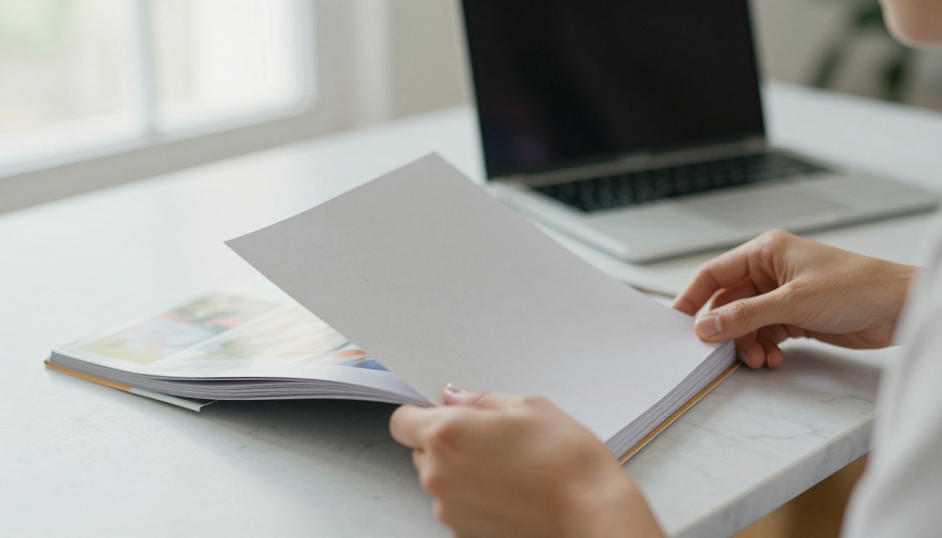 A woman's hands turning a thick printed catalog page A woman's hands turning a thick printed catalog page