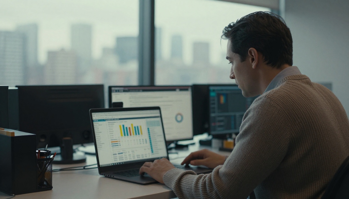 Sales manager checking an analytics dashboard at a standing desk