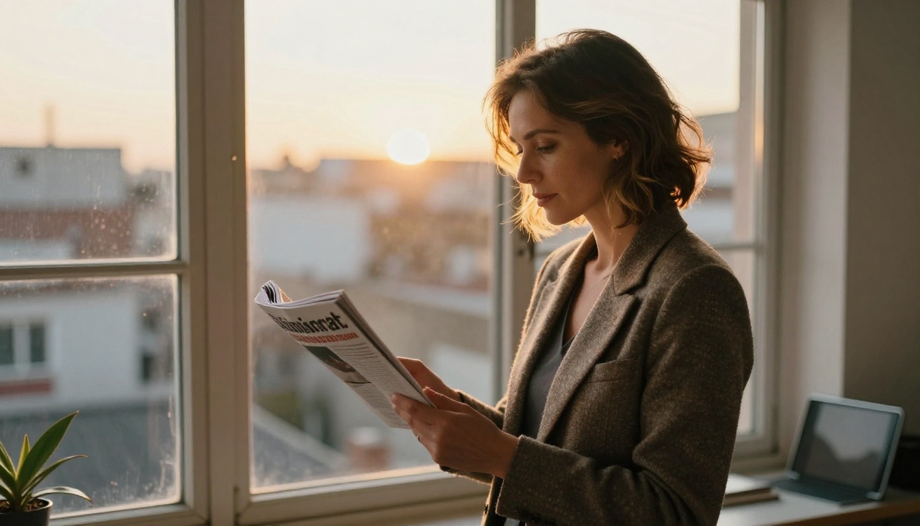 Entrepreneur holding a printed magazine and a tablet at sunset Entrepreneur holding a printed magazine and a tablet at sunset