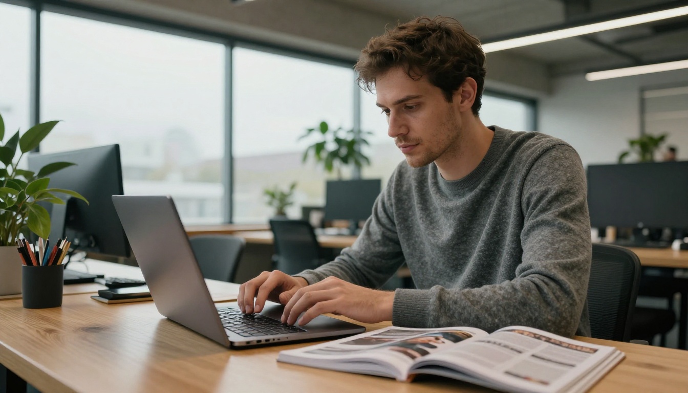 A developer typing on a laptop beside an open printed magazine A developer typing on a laptop beside an open printed magazine