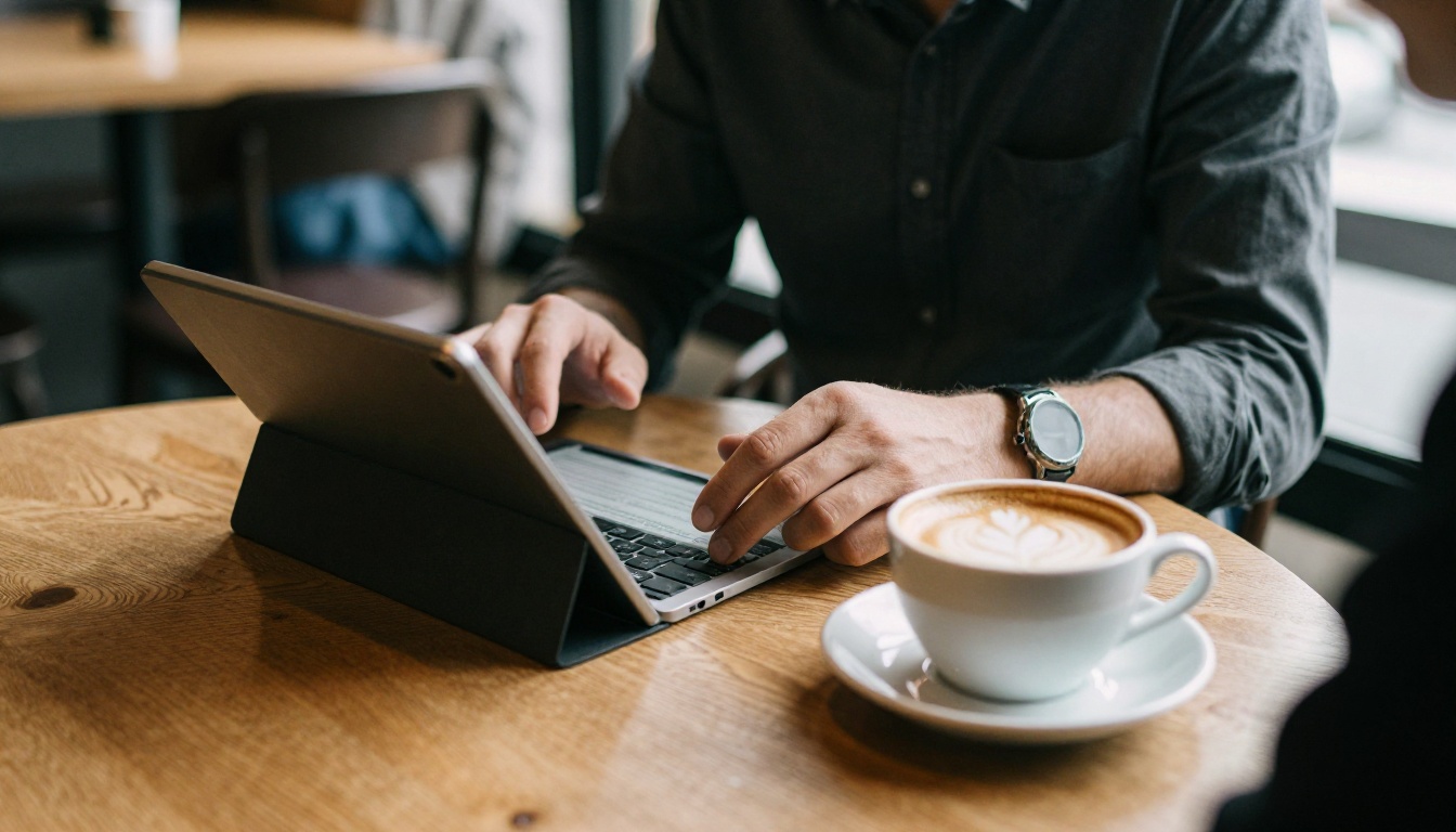Investor reading a deck on a tablet in a cafe