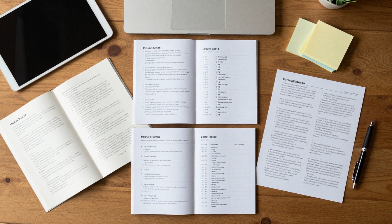 Three open printed brochures laid out for comparison on a wooden desk Three open printed brochures laid out for comparison on a wooden desk