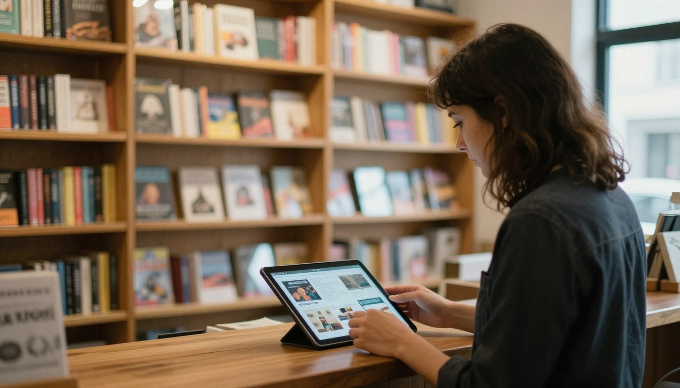 A bookstore owner holding a tablet showing a magazine layout A bookstore owner holding a tablet showing a magazine layout