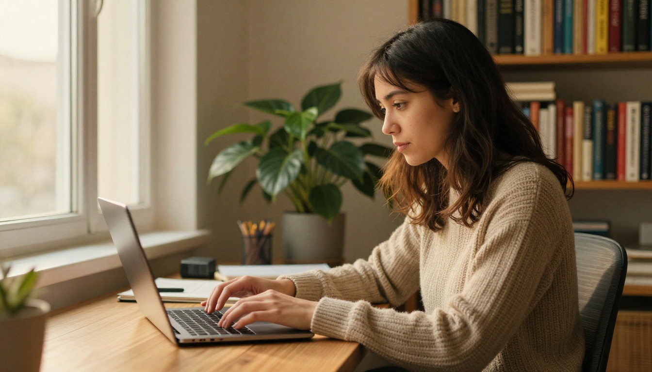 Freelance consultant sending a proposal from a home office