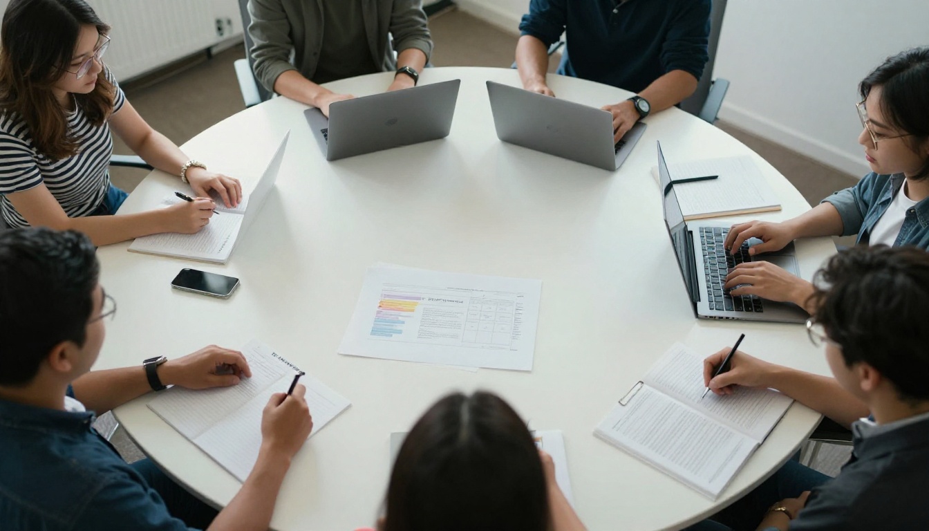 Team gathered around a table reviewing a printed deck and laptops