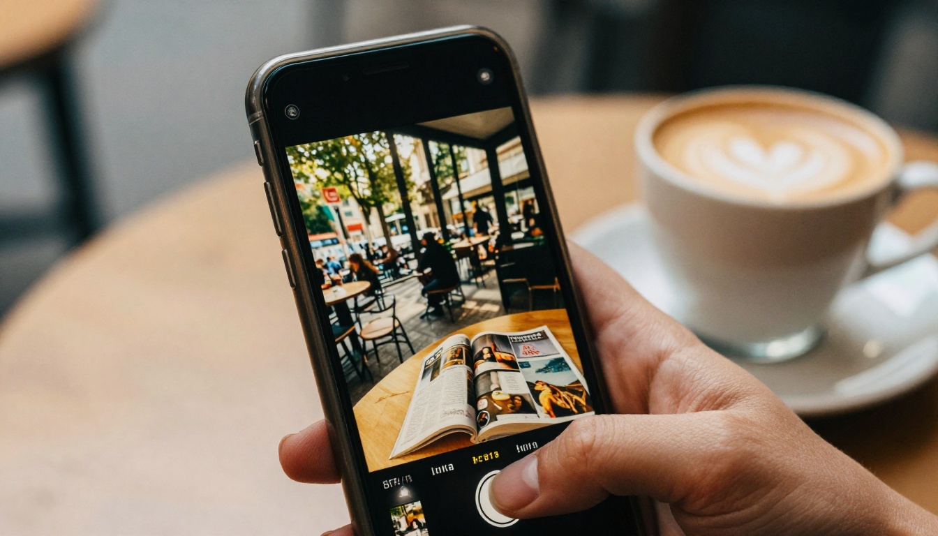 A smartphone showing a magazine page at a cafe terrace A smartphone showing a magazine page at a cafe terrace