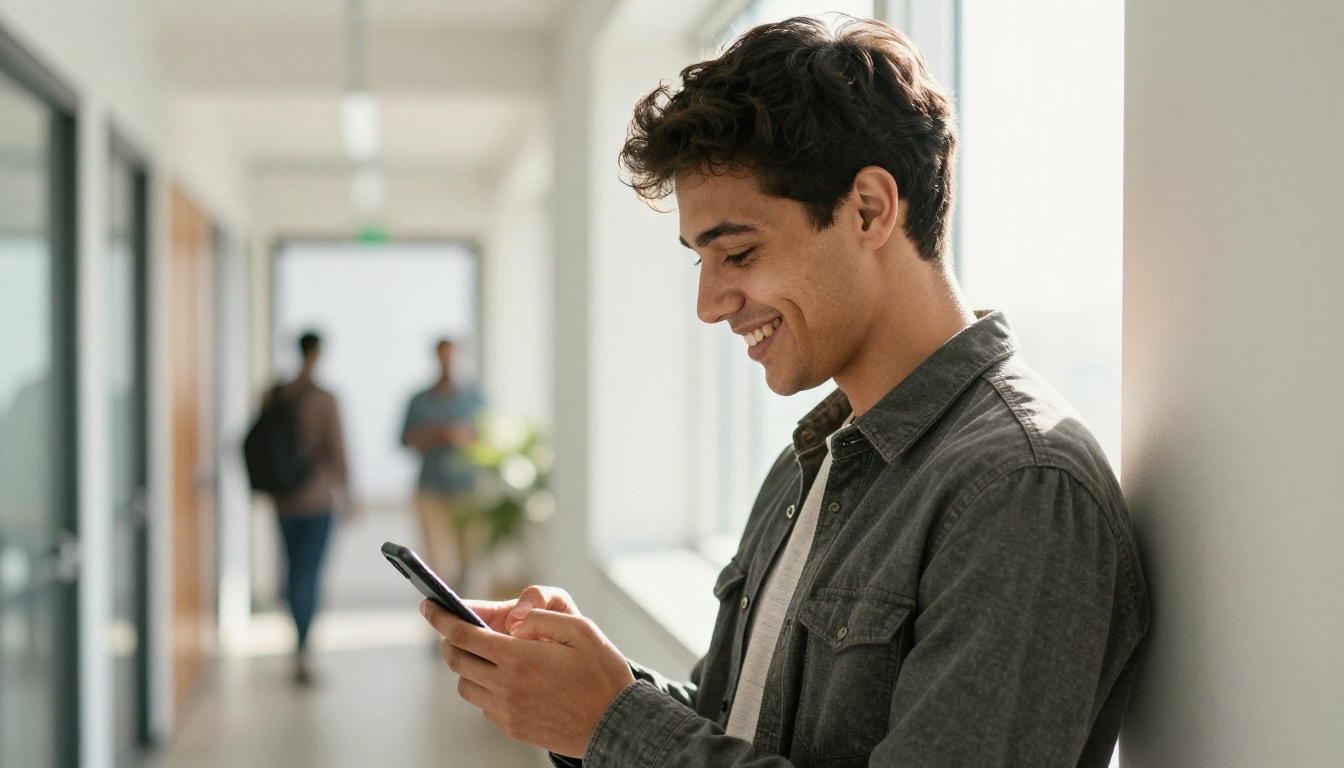 Entrepreneur smiling at a phone after receiving good news