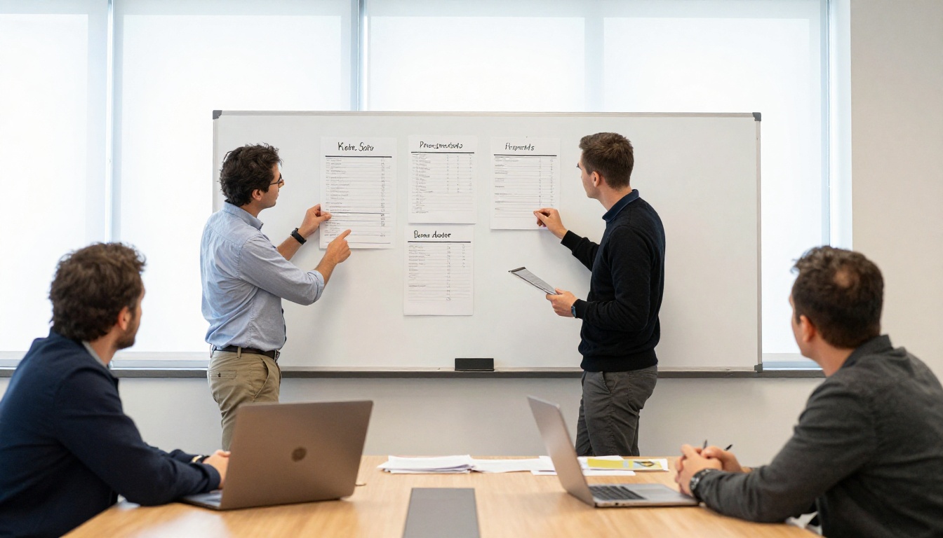 Two colleagues reviewing printed pricing sheets and a laptop in a meeting room Two colleagues reviewing printed pricing sheets and a laptop in a meeting room