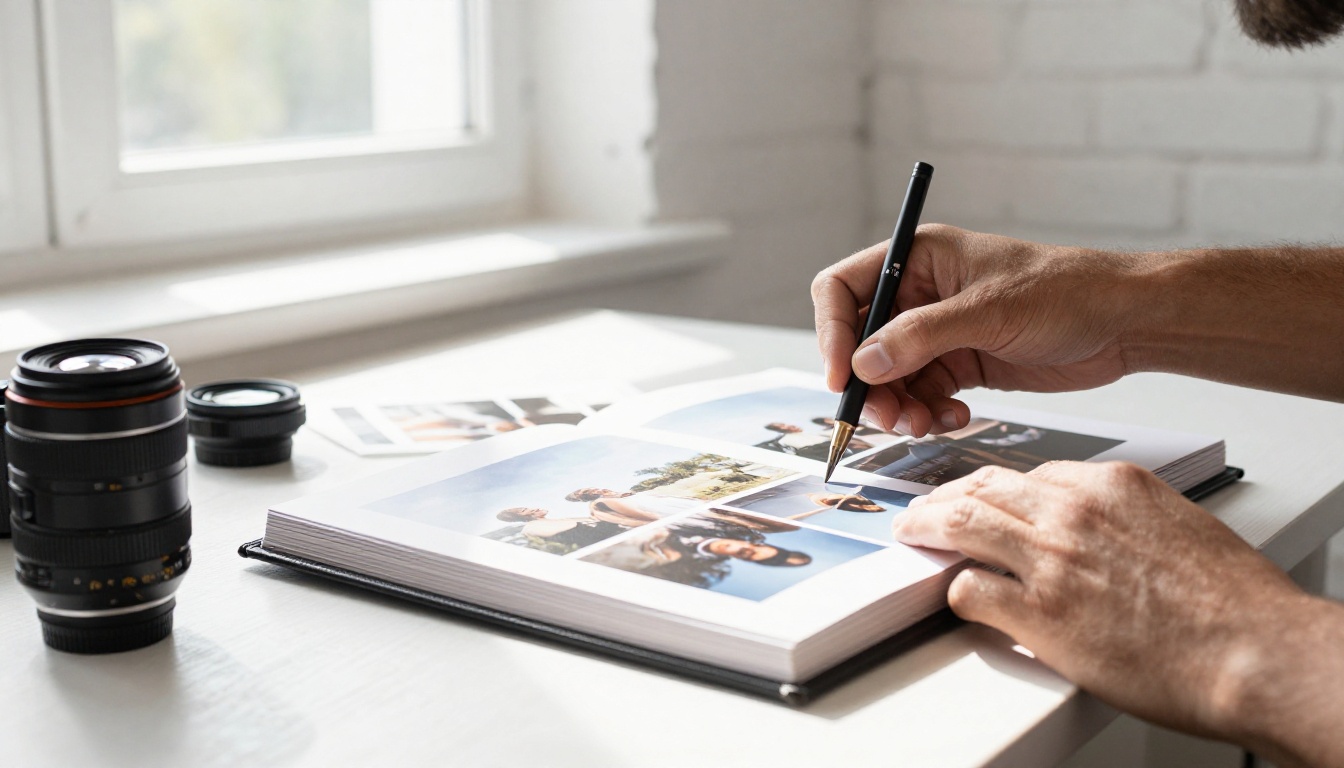 A photographer reviewing a printed portfolio album at a studio table A photographer reviewing a printed portfolio album at a studio table