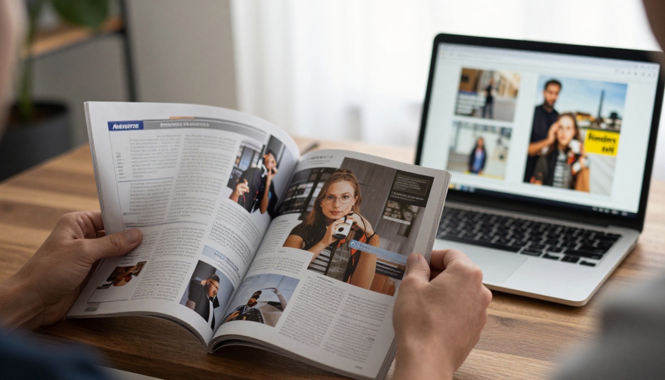A magazine editor flipping through a printed issue next to a laptop showing the digital edition