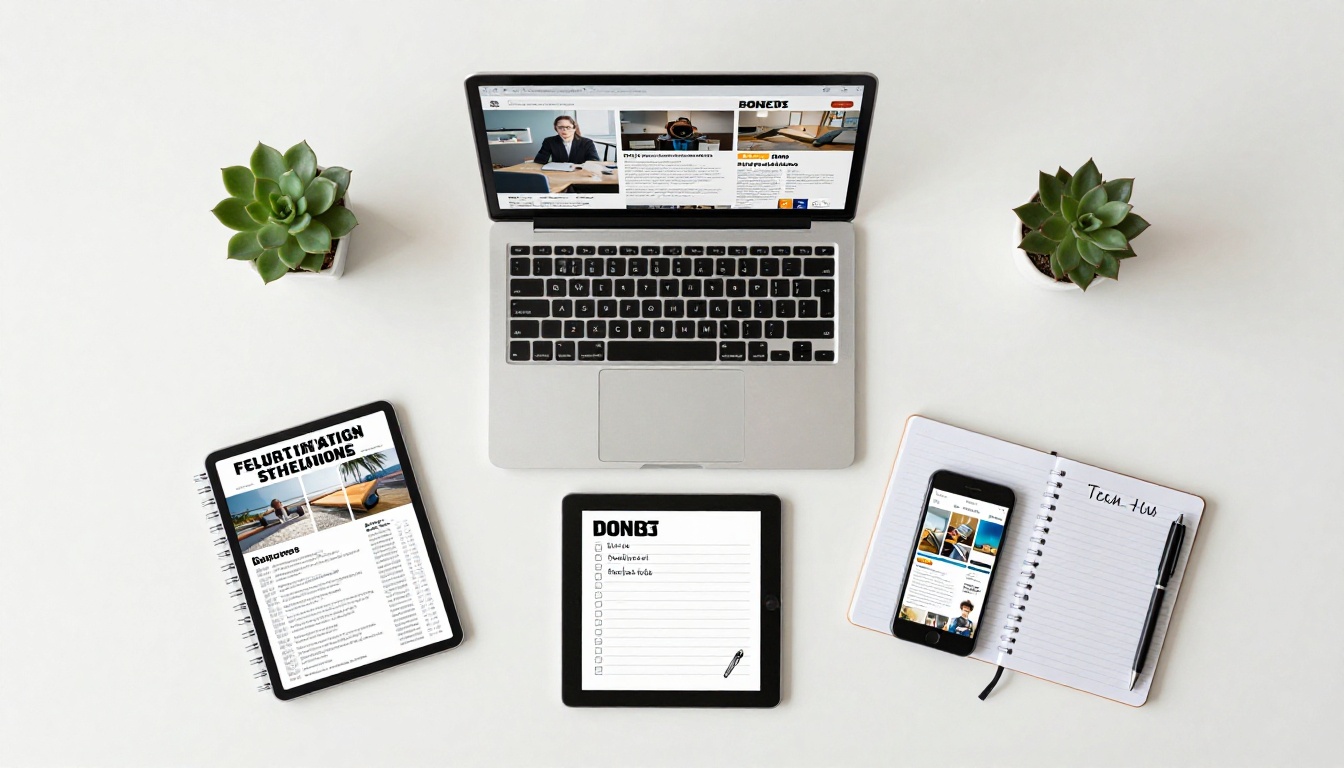 A tablet, laptop and phone on a white desk each showing a different digital magazine layout