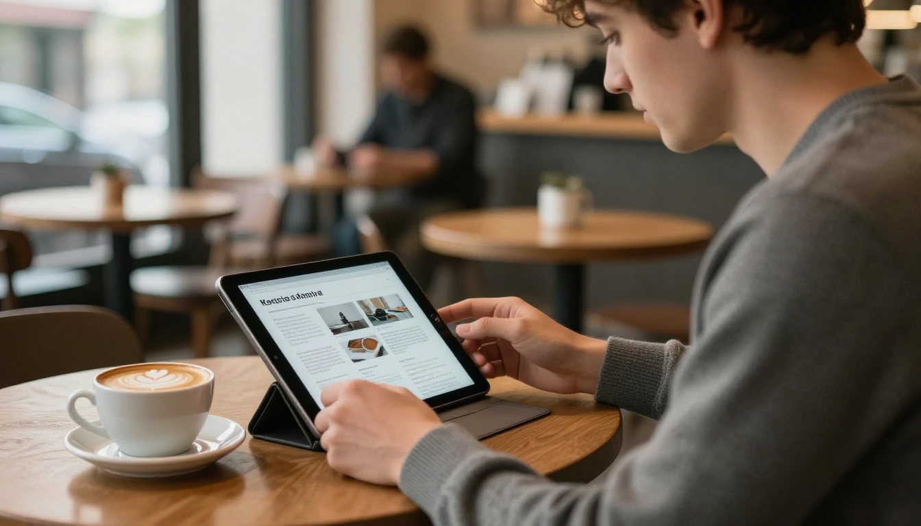 A reader enjoying a digital magazine on a tablet in a cafe