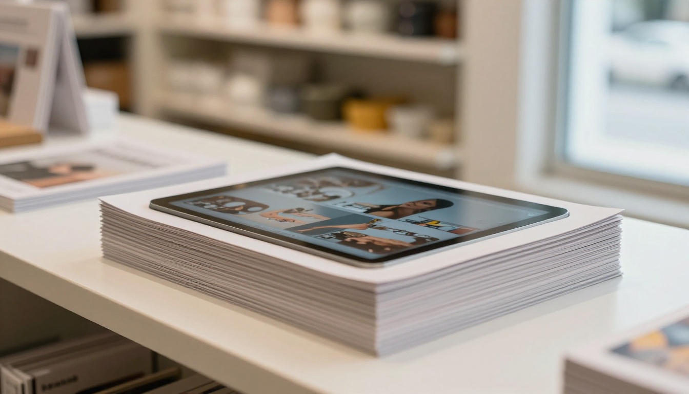 Stack of printed catalogs beside a tablet showing a flipbook