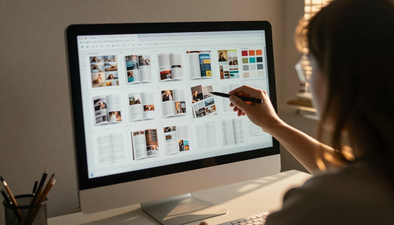 A designer adjusting a magazine layout on a monitor in warm afternoon light