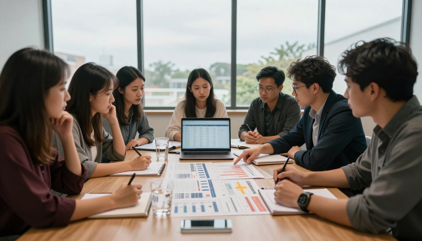 A marketing team reviewing a pricing comparison around a meeting table