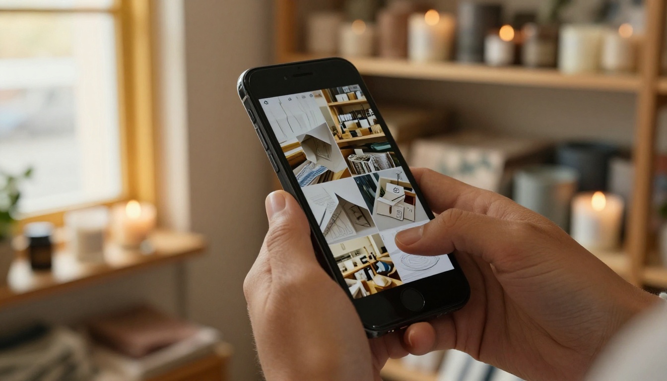 Hands holding a phone showing a digital catalog in a home goods shop