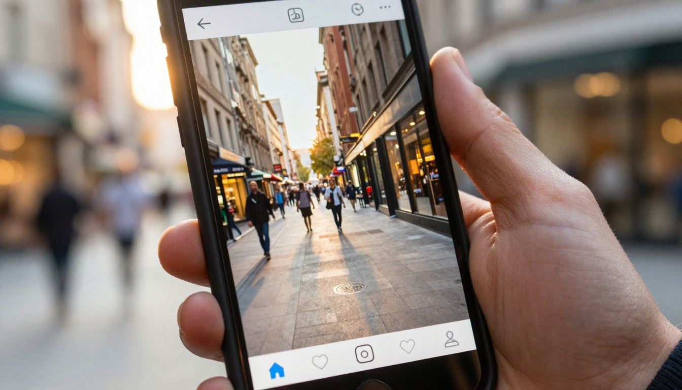 A smartphone showing a vertical magazine page held on a city street