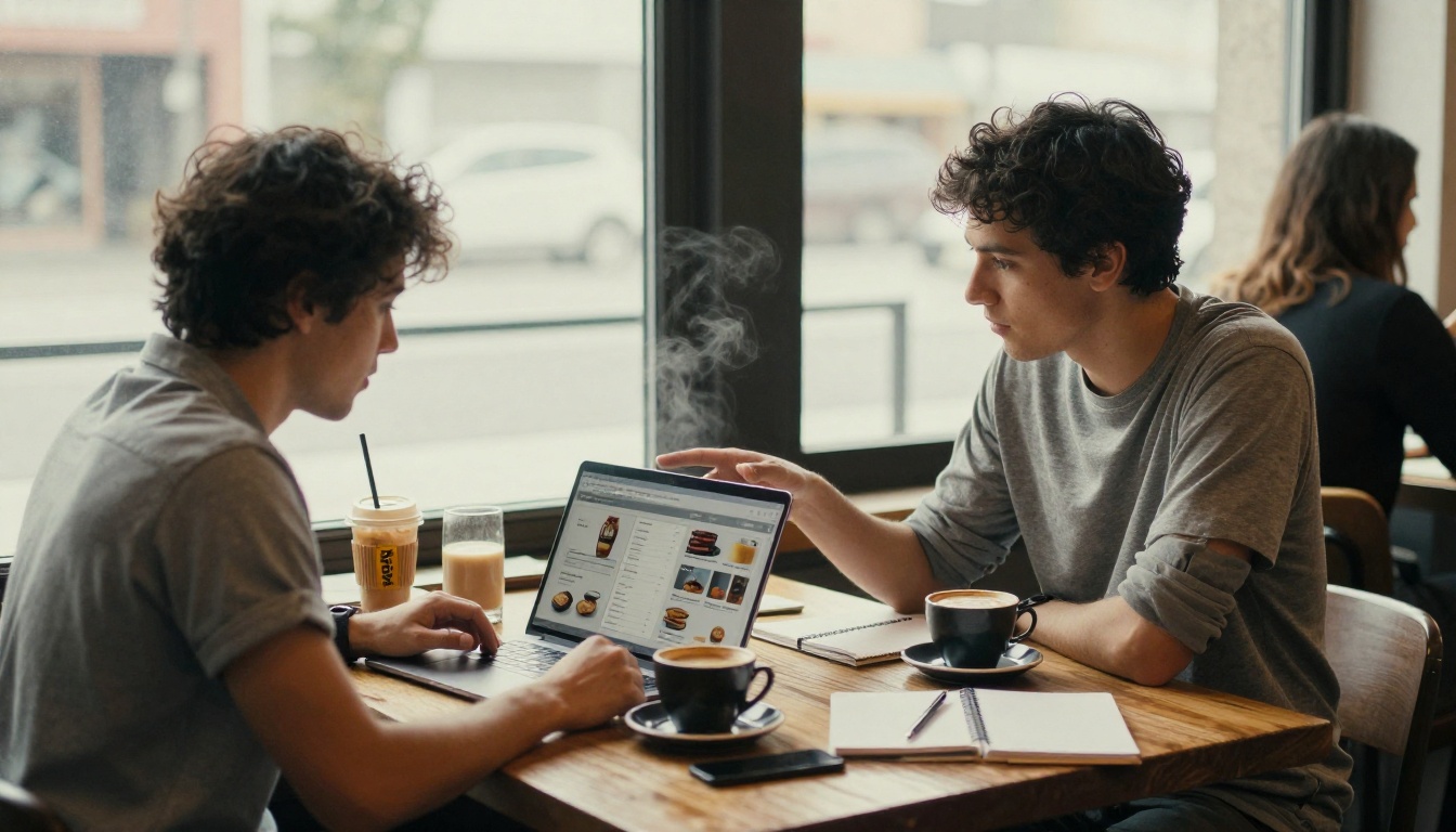 Business partners reviewing a product catalog on a laptop at a cafe table